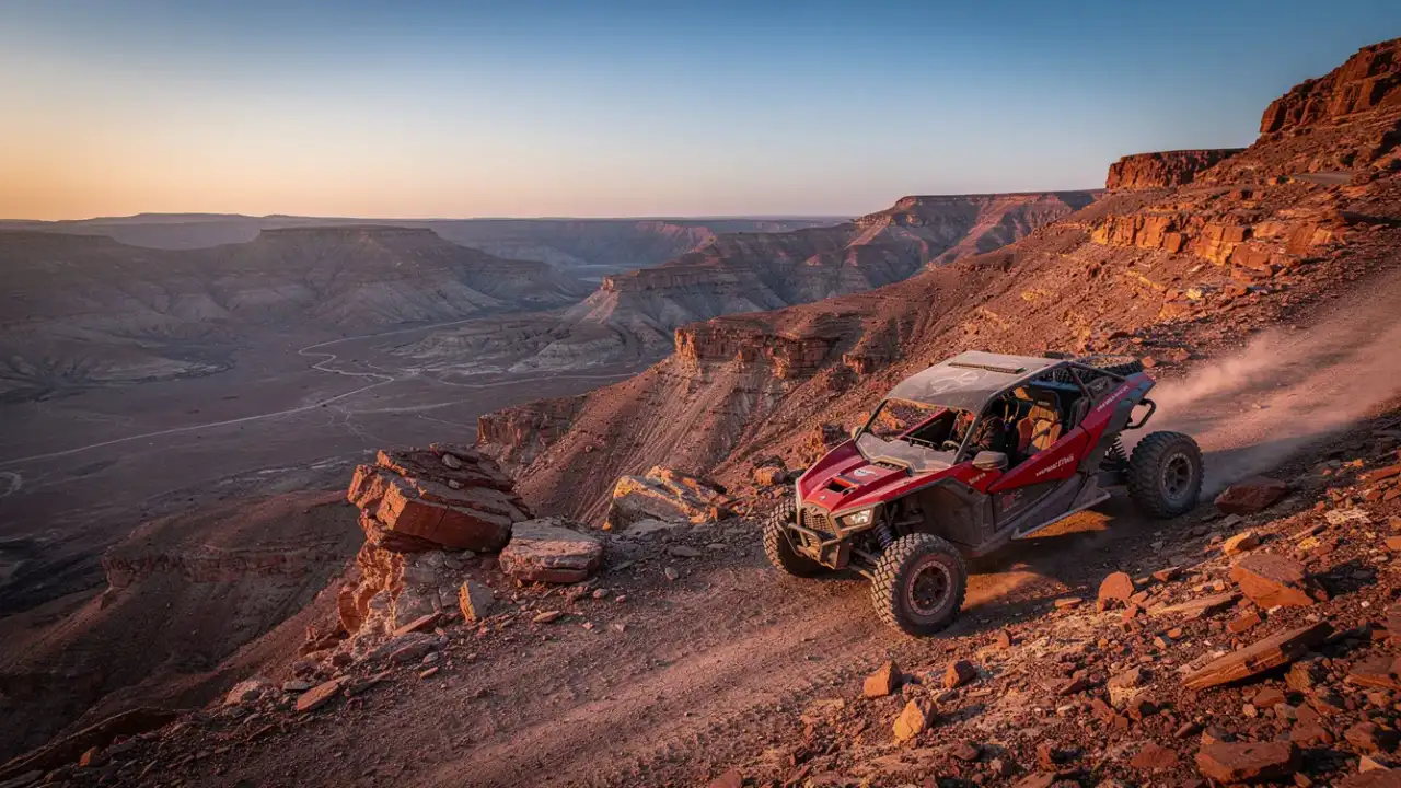 רכב RZR נוסע במסלול שטח על קצה קניון בשעת שקיעה - טיולי רייזר של רייזר טורס